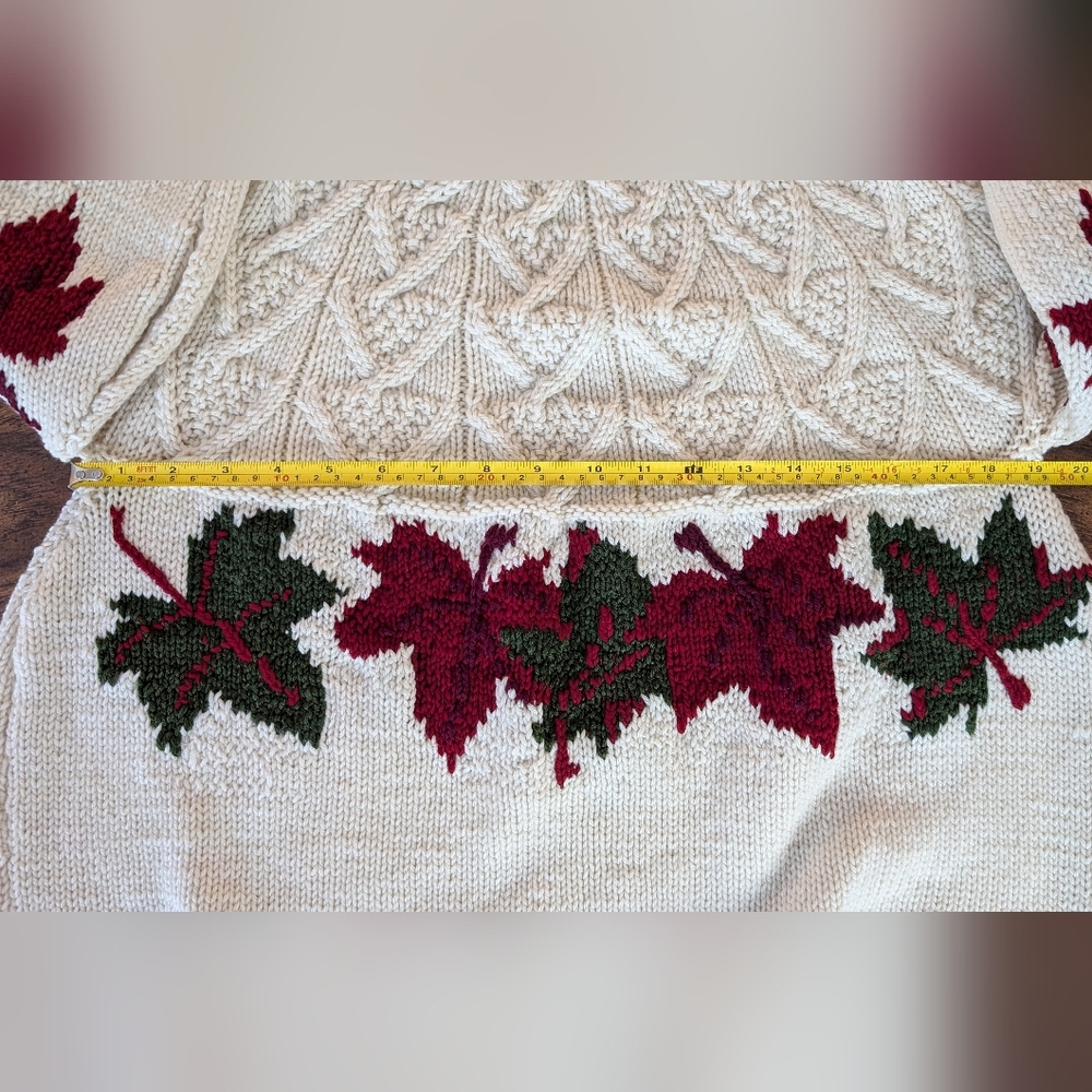 Handmade Knit Sweater, Cream w Red & Green Leaves, Crewneck Pullover Sweater - Picture 8 of 14